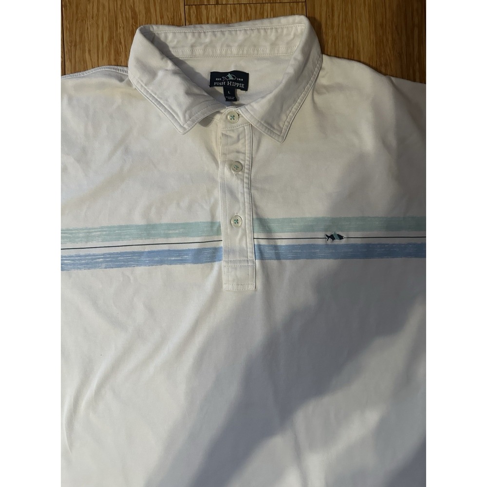 Fish Hippie Polo Men's Large White Blue Stripe Short Sleeve Polo Shirt - Picture 6 of 6